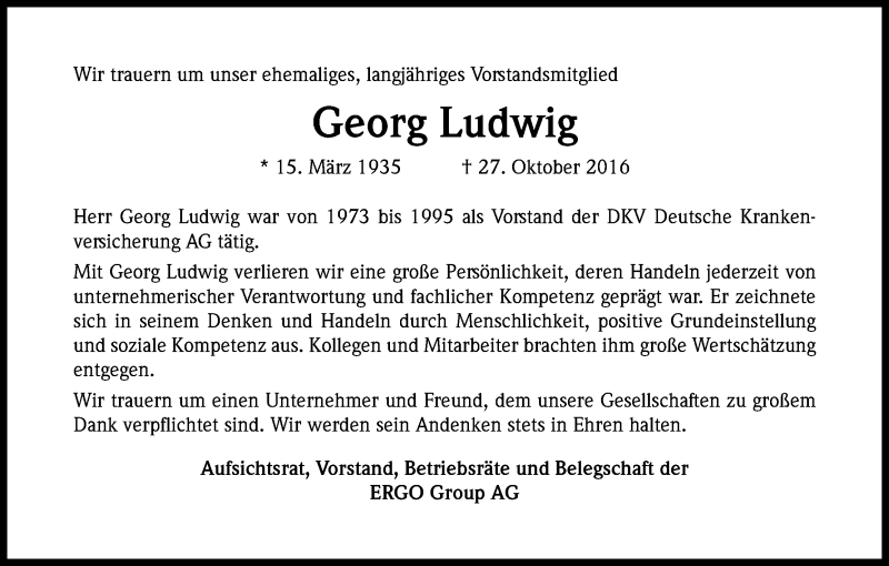  Traueranzeige für Georg Ludwig vom 05.11.2016 aus Kölner Stadt-Anzeiger / Kölnische Rundschau / Express