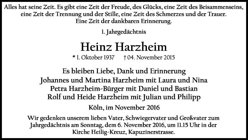  Traueranzeige für Heinz Harzheim vom 05.11.2016 aus Kölner Stadt-Anzeiger / Kölnische Rundschau / Express
