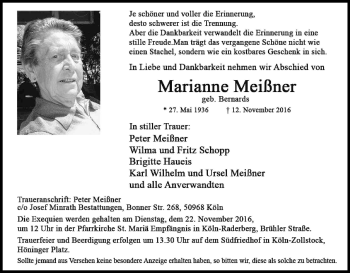 Anzeige von Marianne Meißner von Kölner Stadt-Anzeiger / Kölnische Rundschau / Express