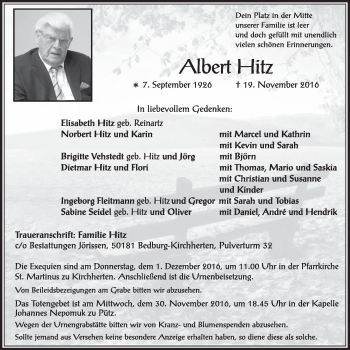 Anzeige von Albert Hitz von  Sonntags-Post 