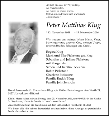 Anzeige von Peter Matthias Klug von Kölner Stadt-Anzeiger / Kölnische Rundschau / Express