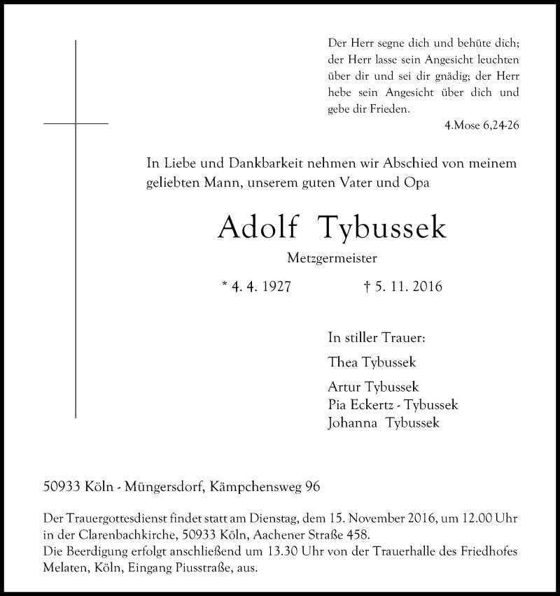  Traueranzeige für Adolf Tybussek vom 12.11.2016 aus Kölner Stadt-Anzeiger / Kölnische Rundschau / Express