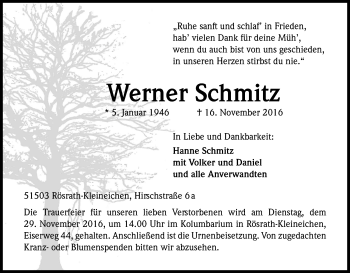 Anzeige von Werner Schmitz von Kölner Stadt-Anzeiger / Kölnische Rundschau / Express