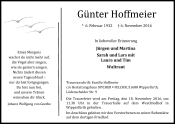 Anzeige von Günter Hoffmeier von Kölner Stadt-Anzeiger / Kölnische Rundschau / Express