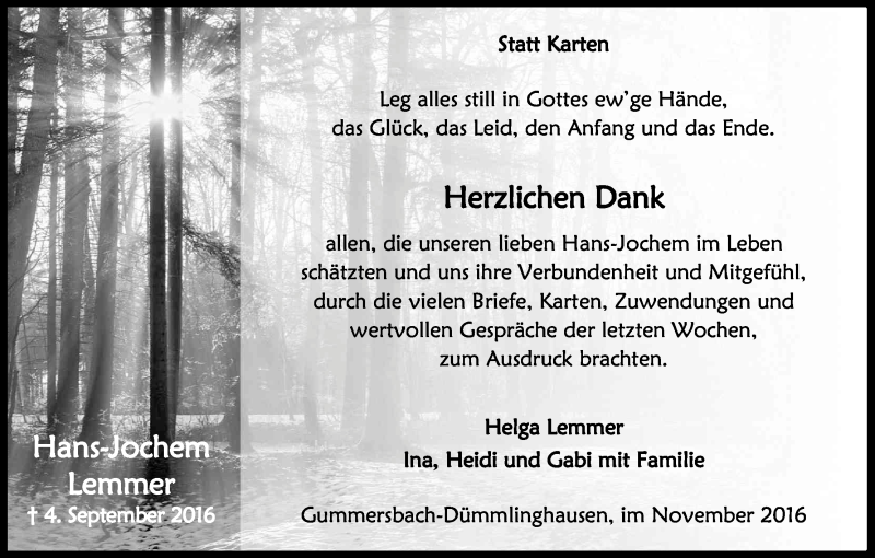  Traueranzeige für Hans Jochem Lemmer vom 05.11.2016 aus Kölner Stadt-Anzeiger / Kölnische Rundschau / Express