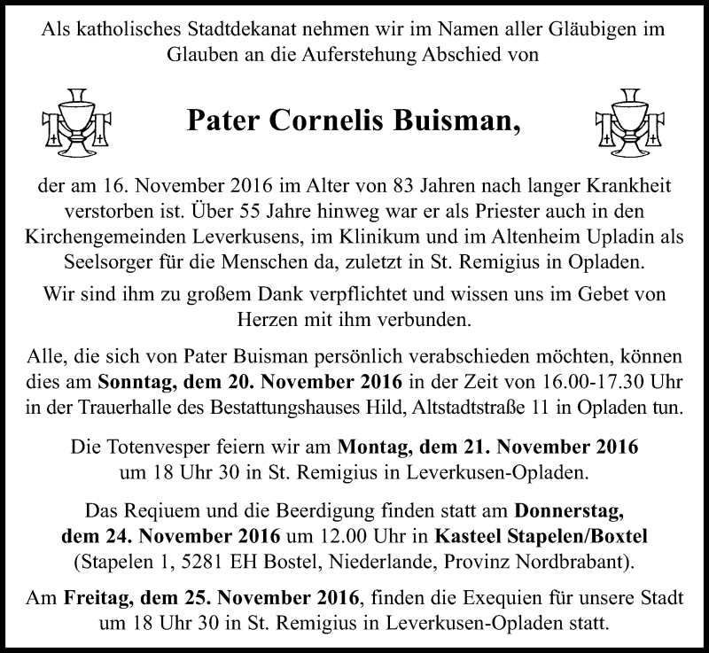  Traueranzeige für Cornelis Buisman vom 19.11.2016 aus Kölner Stadt-Anzeiger / Kölnische Rundschau / Express