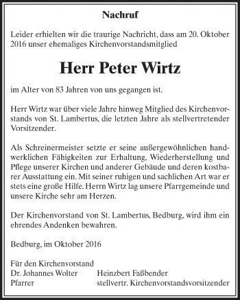 Anzeige von Peter Wirtz von  Sonntags-Post 