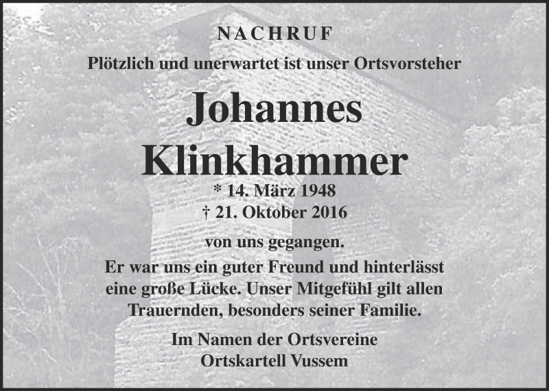  Traueranzeige für Johannes Klinkhammer vom 19.11.2016 aus  Blickpunkt Euskirchen 