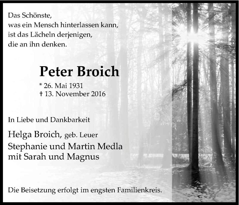  Traueranzeige für Peter Broich vom 19.11.2016 aus Kölner Stadt-Anzeiger / Kölnische Rundschau / Express