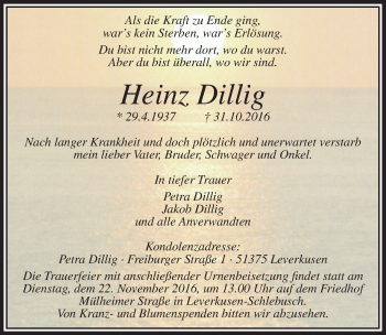 Anzeige von Heinz Dillig von  Lokale Informationen 