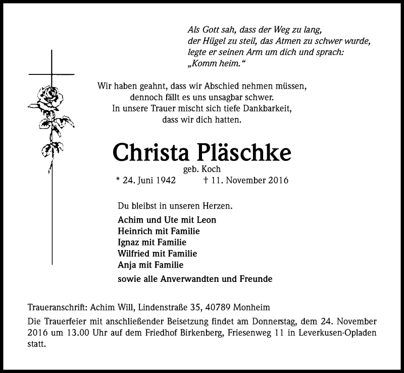  Traueranzeige für Christa Pläschke vom 19.11.2016 aus Kölner Stadt-Anzeiger / Kölnische Rundschau / Express