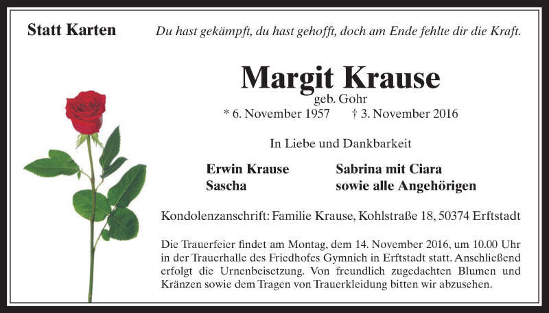  Traueranzeige für Margit Krause vom 09.11.2016 aus  Werbepost 