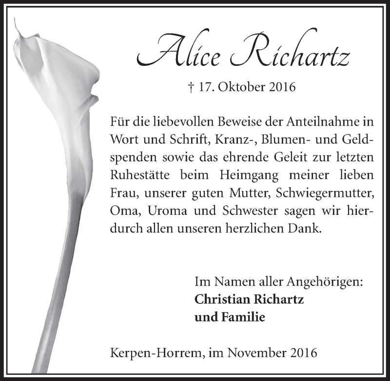  Traueranzeige für Alice Richartz vom 26.11.2016 aus  Sonntags-Post 