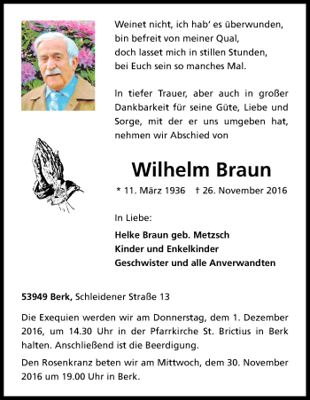 Anzeige von Wilhelm Braun von Kölner Stadt-Anzeiger / Kölnische Rundschau / Express