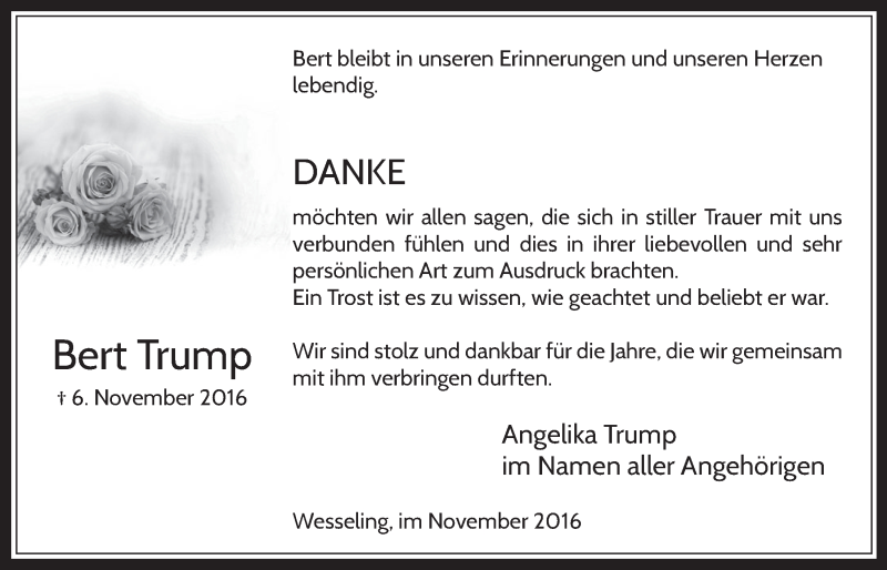  Traueranzeige für Trump Bert vom 30.11.2016 aus  Schlossbote/Werbekurier 