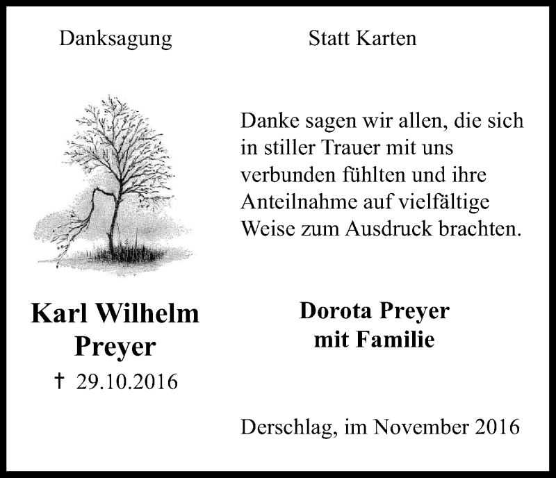 Traueranzeige für Karl Wilhelm Preyer vom 26.11.2016 aus Kölner Stadt-Anzeiger / Kölnische Rundschau / Express