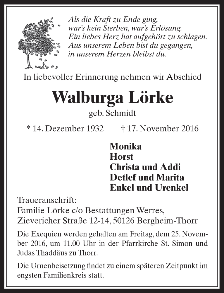  Traueranzeige für Walburga Lörke vom 23.11.2016 aus  Werbepost 