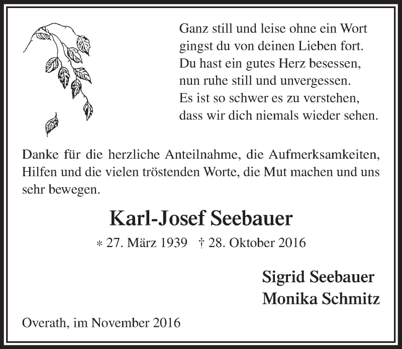  Traueranzeige für Karl-Josef Seebauer vom 30.11.2016 aus  Bergisches Handelsblatt 