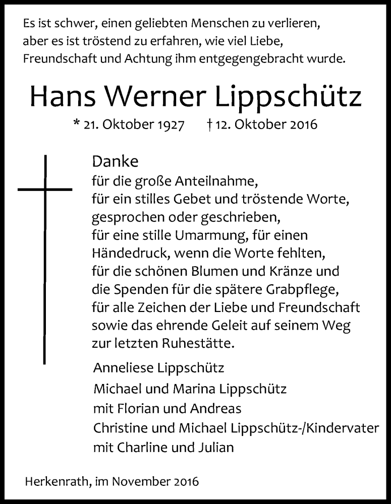  Traueranzeige für Hans Werner Lippschütz vom 19.11.2016 aus Kölner Stadt-Anzeiger / Kölnische Rundschau / Express