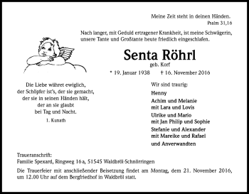 Anzeige von Senta Röhrl von Kölner Stadt-Anzeiger / Kölnische Rundschau / Express