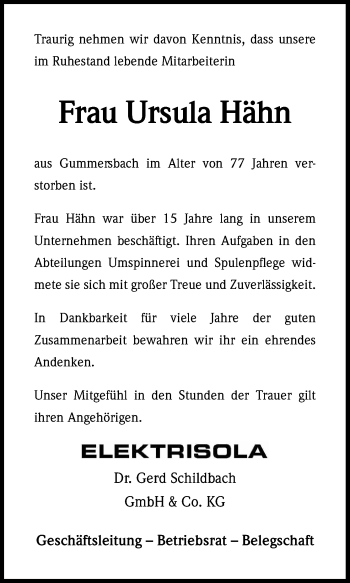 Anzeige von Ursula Hähn von Kölner Stadt-Anzeiger / Kölnische Rundschau / Express