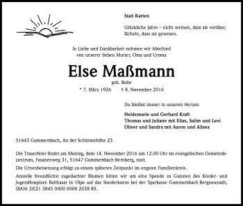 Anzeige von Else Maßmann von Kölner Stadt-Anzeiger / Kölnische Rundschau / Express