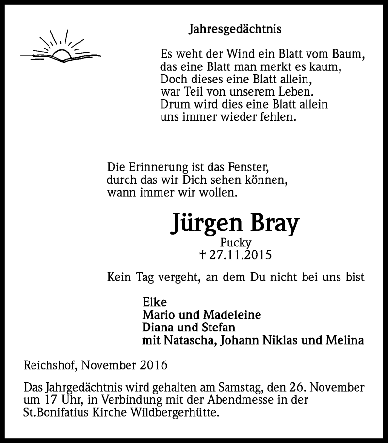  Traueranzeige für Jürgen Bray vom 19.11.2016 aus Kölner Stadt-Anzeiger / Kölnische Rundschau / Express