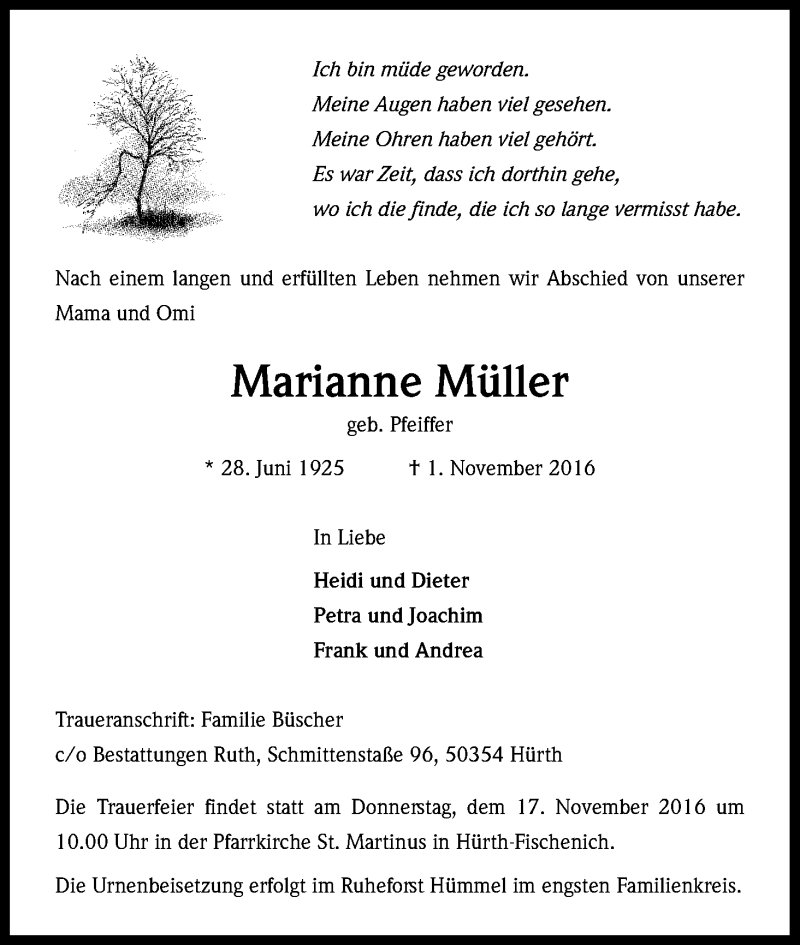  Traueranzeige für Marianne Müller vom 12.11.2016 aus Kölner Stadt-Anzeiger / Kölnische Rundschau / Express