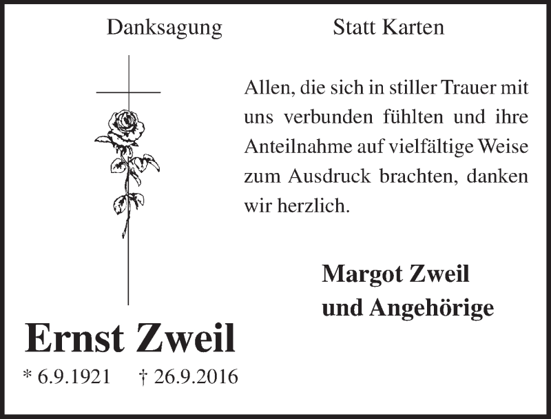  Traueranzeige für Ernst Zweil vom 23.11.2016 aus  Anzeigen Echo 