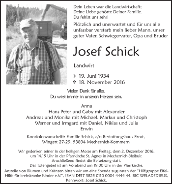 Anzeige von Josef Schick von  Blickpunkt Euskirchen 