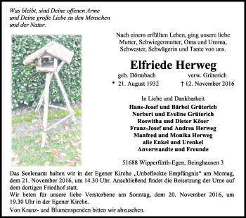 Anzeige von Elfriede Herweg von Kölner Stadt-Anzeiger / Kölnische Rundschau / Express