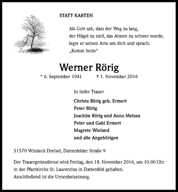 Anzeige von Werner Rörig von Kölner Stadt-Anzeiger / Kölnische Rundschau / Express