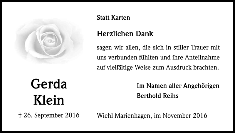  Traueranzeige für Gerda Klein vom 19.11.2016 aus Kölner Stadt-Anzeiger / Kölnische Rundschau / Express