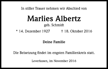 Anzeige von Marlies  Albertz von Kölner Stadt-Anzeiger / Kölnische Rundschau / Express