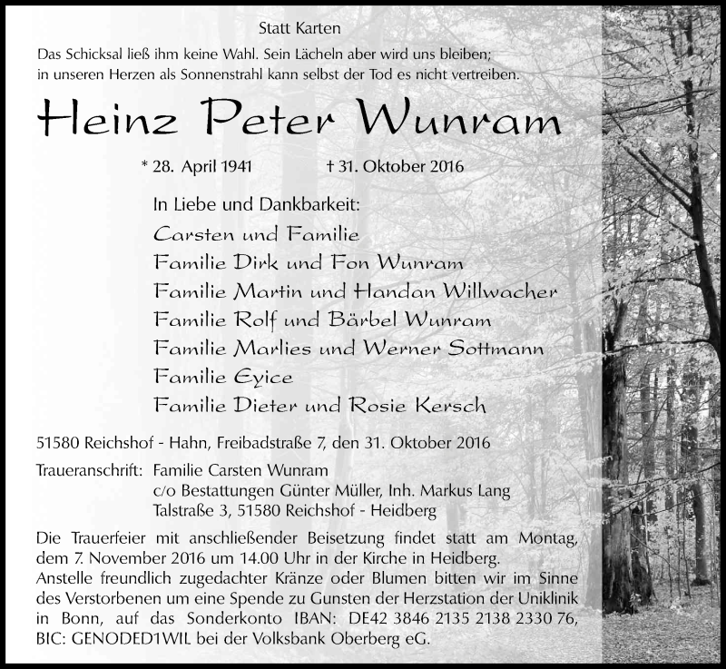  Traueranzeige für Heinz Peter Wunram vom 05.11.2016 aus Kölner Stadt-Anzeiger / Kölnische Rundschau / Express