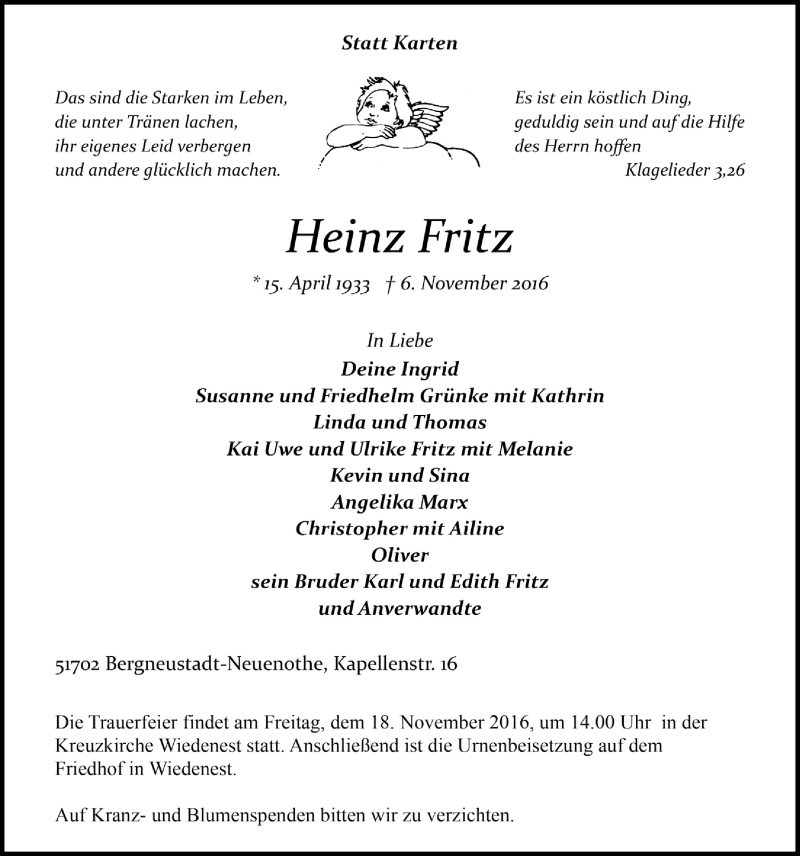  Traueranzeige für Heinz Fritz vom 16.11.2016 aus  Anzeigen Echo 