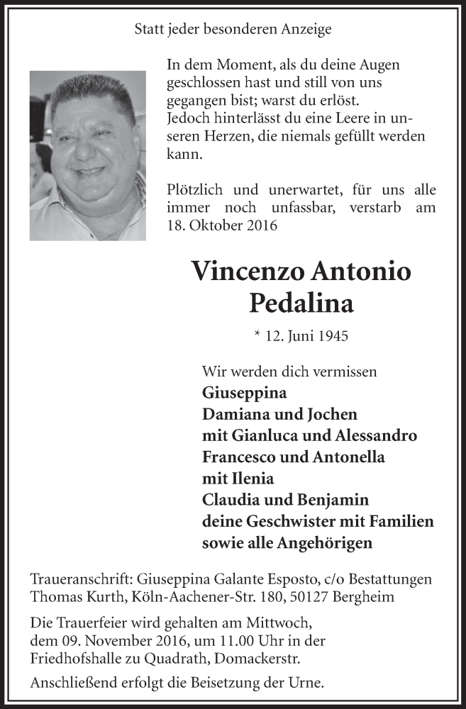  Traueranzeige für Vincenzo Antonio Pedalina vom 05.11.2016 aus  Sonntags-Post 