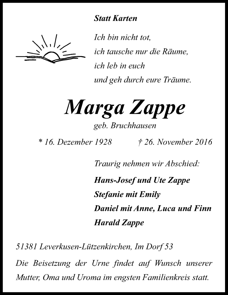  Traueranzeige für Marga Zappe vom 29.11.2016 aus Kölner Stadt-Anzeiger / Kölnische Rundschau / Express