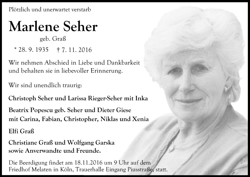  Traueranzeige für Marlene Seher vom 12.11.2016 aus Kölner Stadt-Anzeiger / Kölnische Rundschau / Express