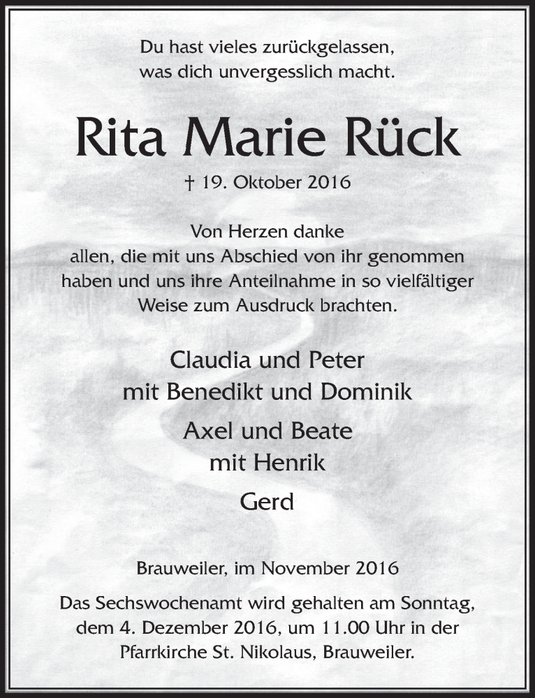  Traueranzeige für Rita Marie Rück vom 26.11.2016 aus  Sonntags-Post 