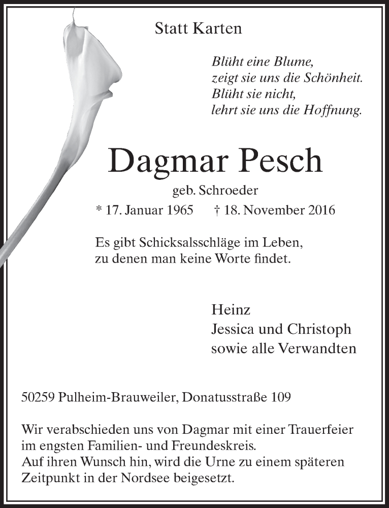  Traueranzeige für Dagmar Pesch vom 26.11.2016 aus  Sonntags-Post 