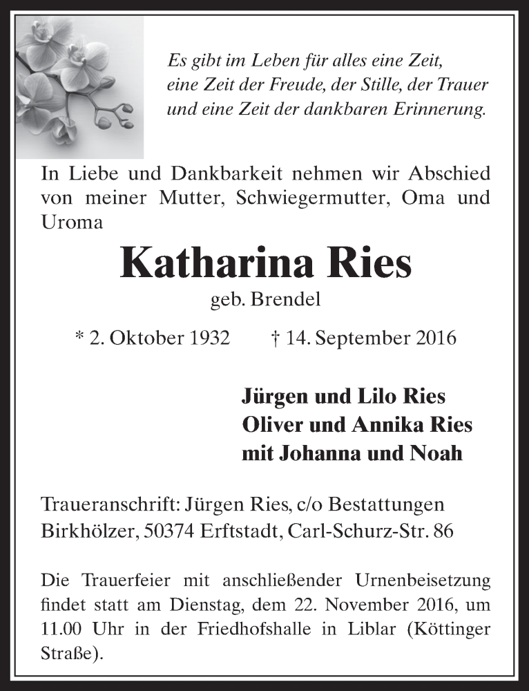  Traueranzeige für Katharina Ries vom 16.11.2016 aus  Werbepost 