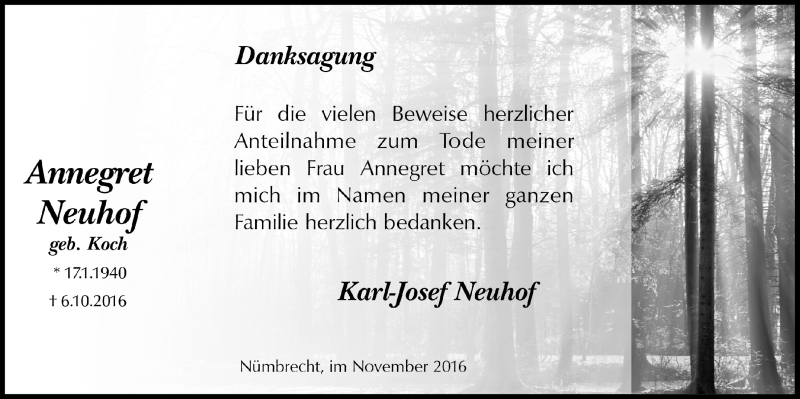  Traueranzeige für Annegret Neuhof vom 16.11.2016 aus  Lokalanzeiger 