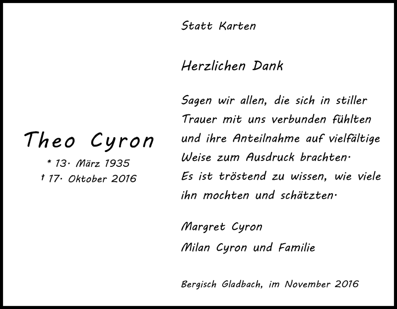 Traueranzeige für Theo Cyron vom 26.11.2016 aus Kölner Stadt-Anzeiger / Kölnische Rundschau / Express