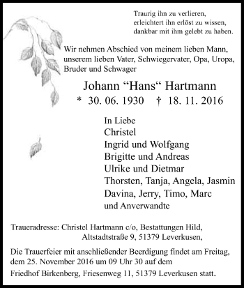 Anzeige von Johann Hartmann von Kölner Stadt-Anzeiger / Kölnische Rundschau / Express