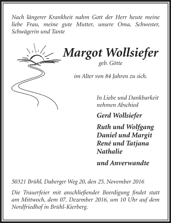 Anzeige von Margot Wollsiefer von  Schlossbote/Werbekurier 