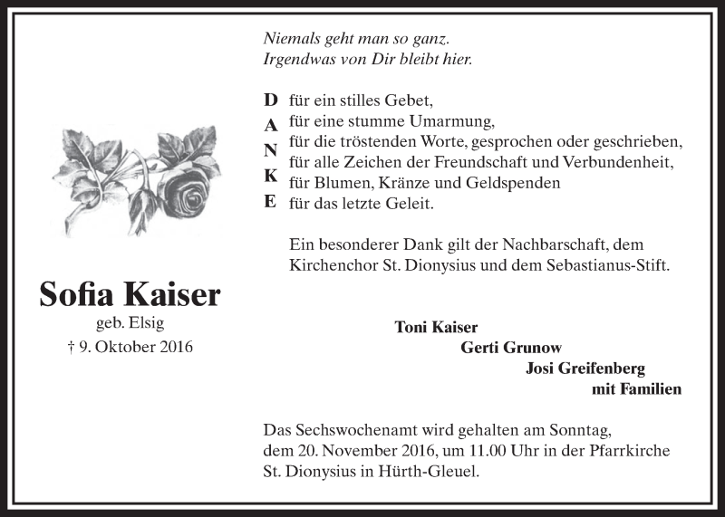  Traueranzeige für Sofia Kaiser vom 05.11.2016 aus  Sonntags-Post 