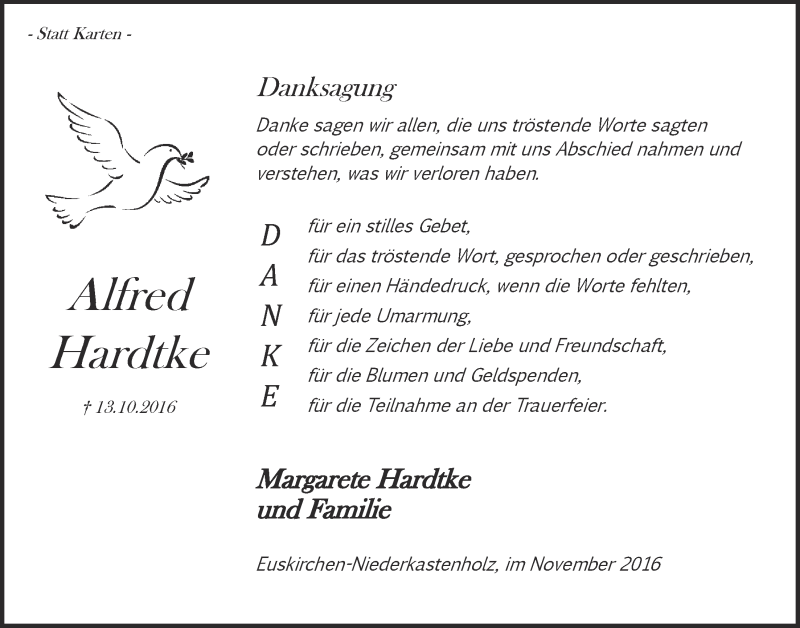  Traueranzeige für Alfred Hardtke vom 19.11.2016 aus  Blickpunkt Euskirchen 