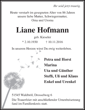 Anzeige von Liane Hofmann von  Lokalanzeiger 