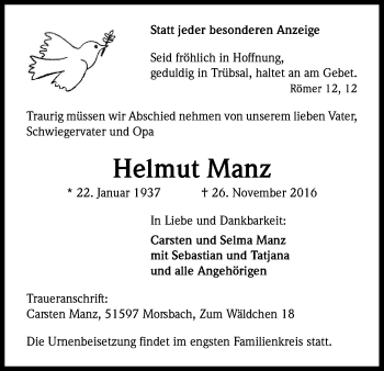 Anzeige von Helmut Manz von Kölner Stadt-Anzeiger / Kölnische Rundschau / Express